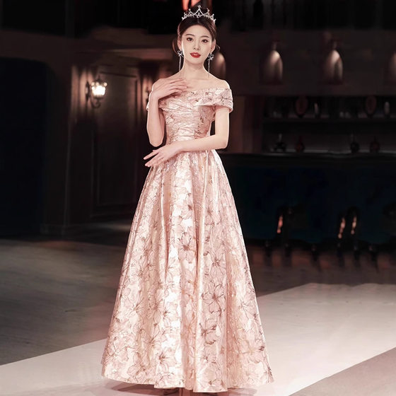 Off-shoulder Golden Pink Evening Dress Light Luxury Niche 2025 New Summer Host Performance Dress Adult Dress