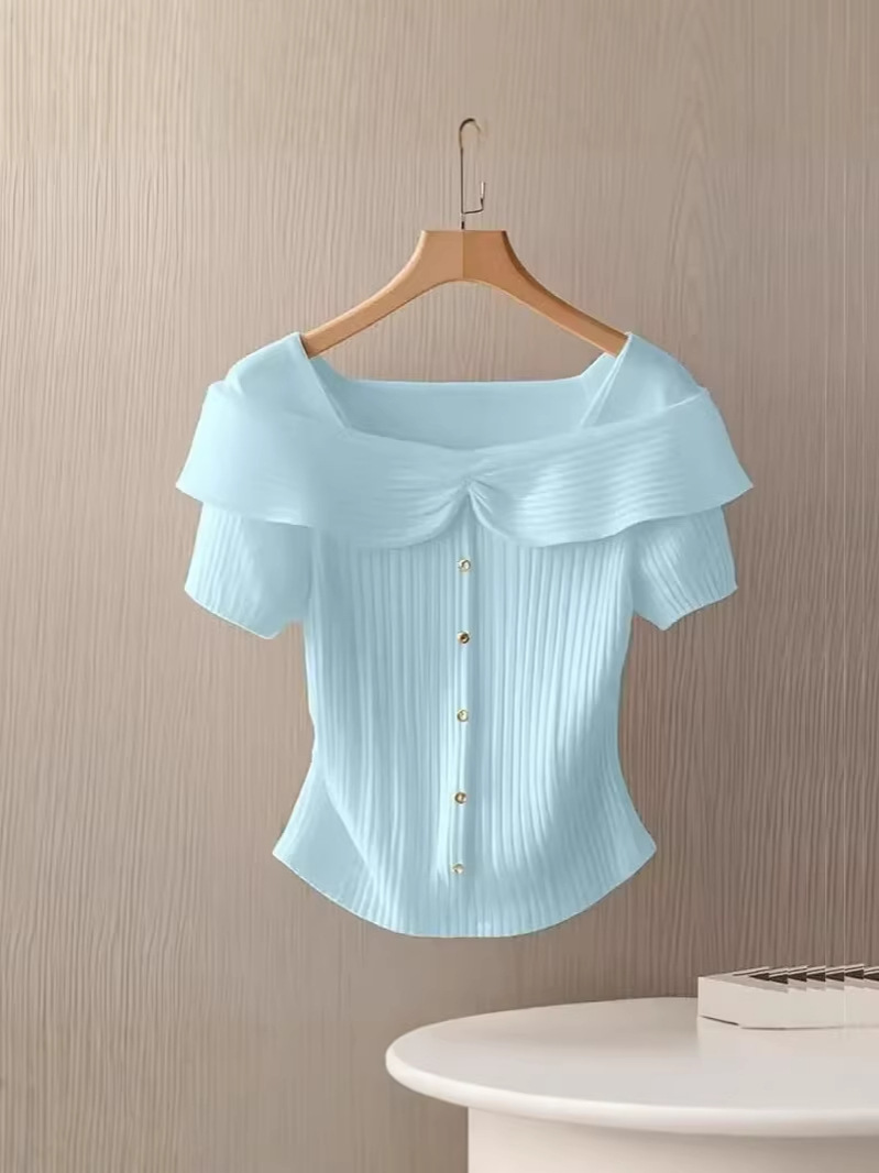 Áo len cổ vuông nữ dệt kim phong cách Pháp, form suông tay ngắn — màu xanh nhạt