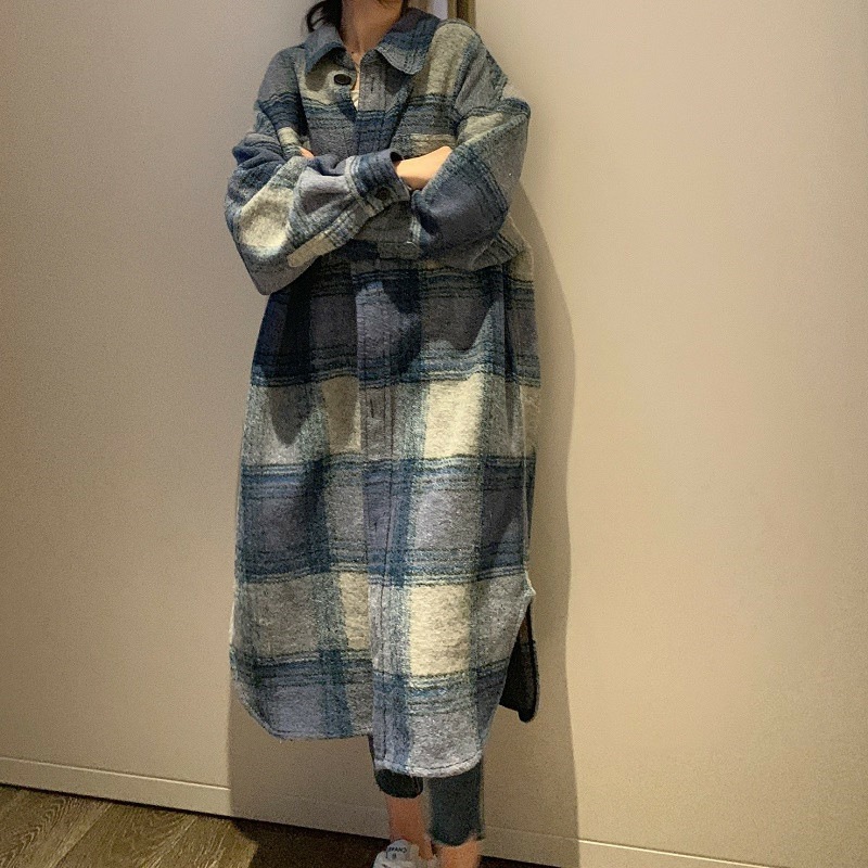 法式小众2025春装新款宽松双口袋格纹毛呢外套廓形格子长款大衣女