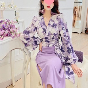 European Station 2025 Spring and Autumn New French Style Sexy Puff Sleeve Collar Shirt Elegant Printed Chic Short Top
