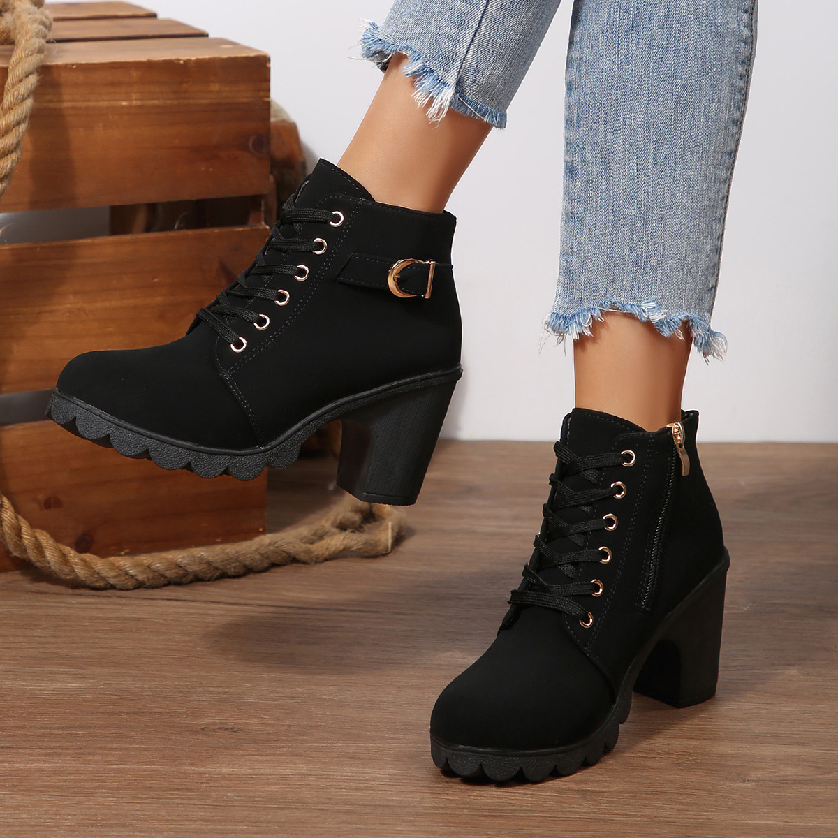 ShoeVault Women's Leather Low-Cut Chunky Round Toe High Heel Lace-Up Brown Ankle Boots Spring Autumn Plus Size Height Increasing_vogvips.com