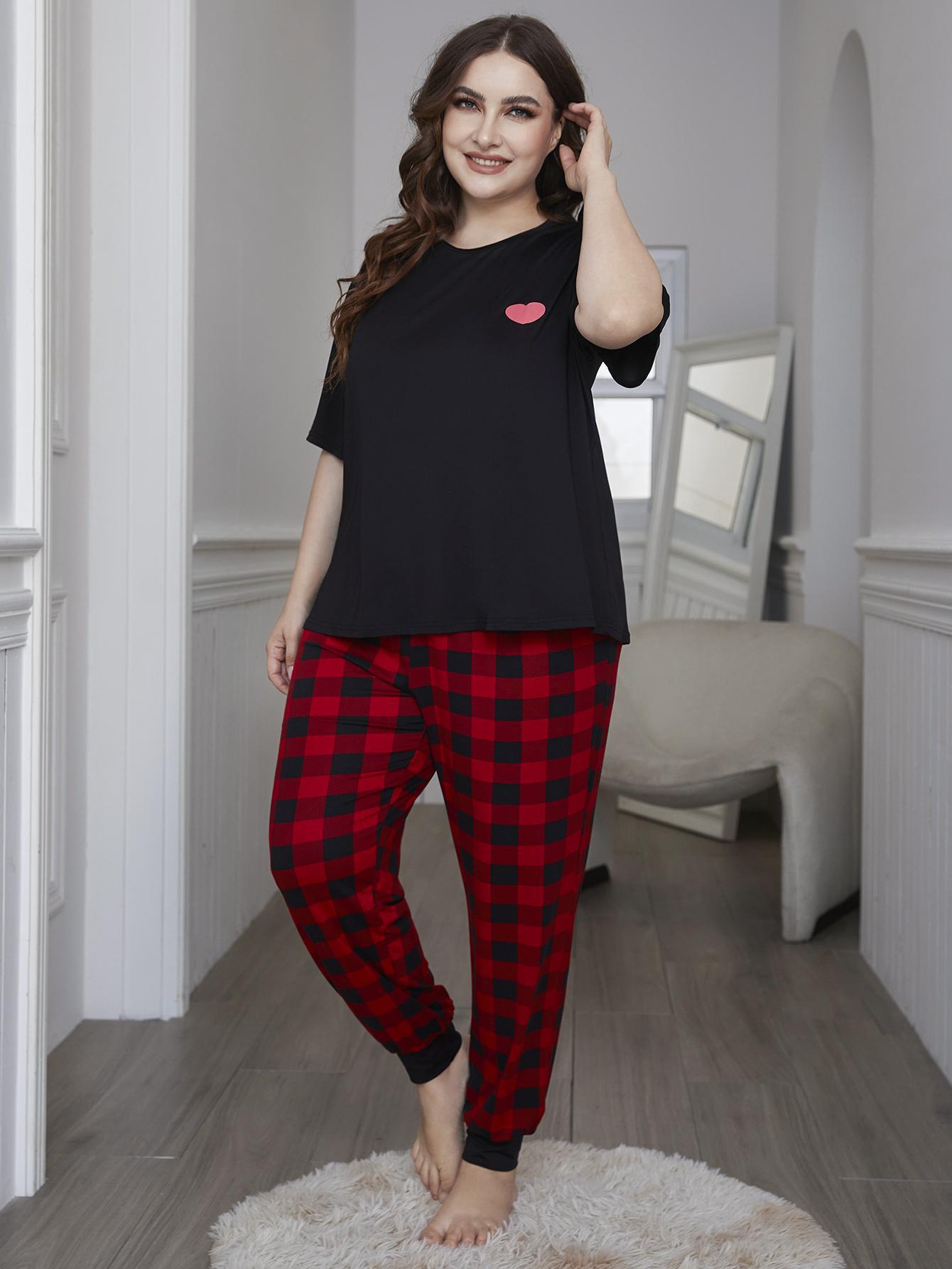 plus size round neck short sleeve loose plaid two-piece Loungewear-Can be worn outside NSWFC130310