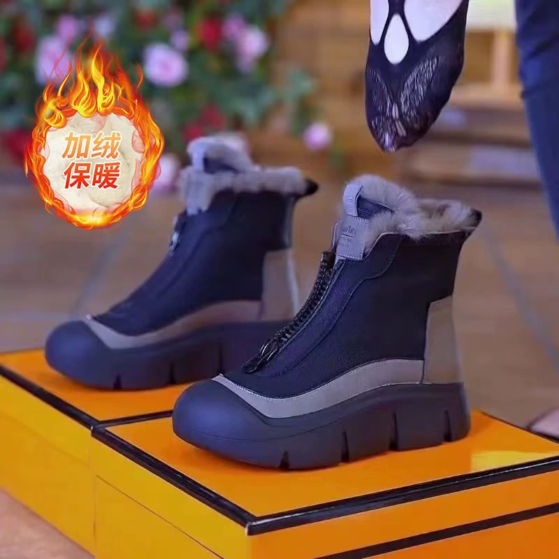 Передняя молния с толстой подошвой ботинки Martin 2024 зимние снежные хлопчатобумажные ботинки женские бархатные теплые новые короткие ботинки повседневные высокие ботинки