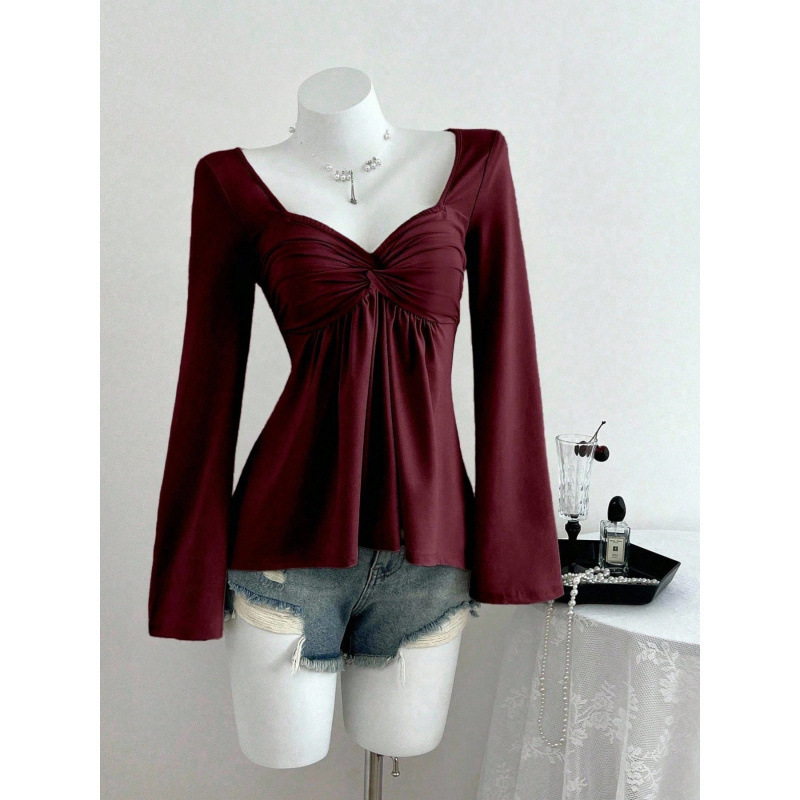 2025 Women's V-neck Long-sleeve Elegant Casual T-shirt, Solid Color Pleated Hot Girl Autumn Winter Pullover Top, Early Autumn Thin Style 2025 Women's V-neck Long-sleeve Elegant Casual T-shirt, Solid Color Pleated Hot Girl Autumn Winter Pullover Top, Early Autumn Thin Style