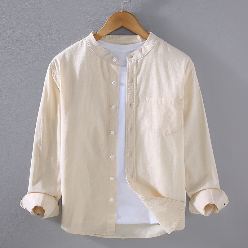 9626 Spring Cotton Linen Shirt Men's Long Sleeve Chinese Stand Collar Pocket Simple Comfortable Linen Shirt Casual Jacket