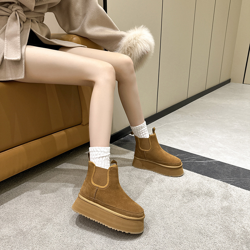 Snow Boots Women Plus Velvet Thick Chelsea Boots Women's Platform Thick Sole European Fashion Short Boots Suede