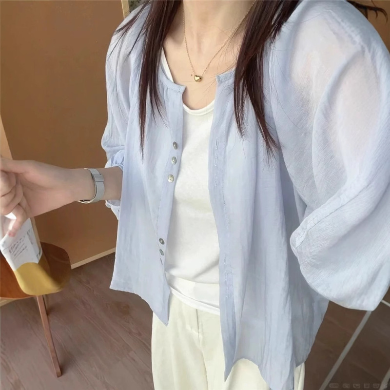 法式温柔紫防晒衬衫女夏薄款外搭罩衫宽松灯笼袖衬衣外套|undefined
