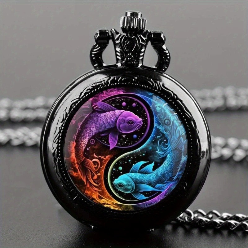 Color Pattern Medium Pocket Watch Retro Flip Cover Decorative Necklace Watch Personalized Trendy Male and Female Student Quartz Watch Cross-Border