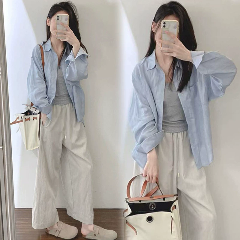 Беременные женщины 2025 новый дикий простой темперамент синий рубашка серый жилет повседневные широкие брюки три комплекта