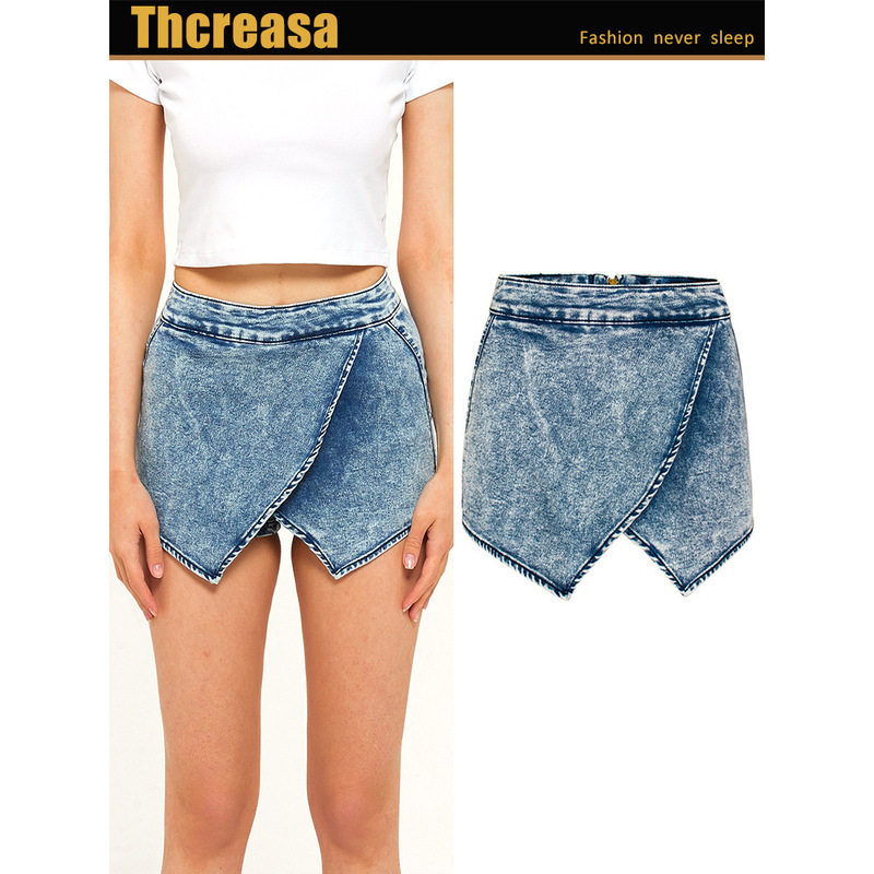 [Huan Gao] European and American Cross-Laminated Asymmetrical Tie-Up Wide-Leg Denim Shorts Women's Culottes 0.24kg