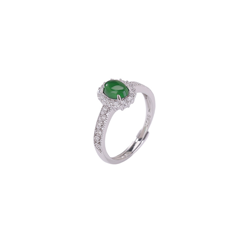Nhẫn bạc S925 đính ngọc jadeit tự nhiên hình bầu dục cắt kim cương siêu sáng rỗng nhẹ — một mảnh