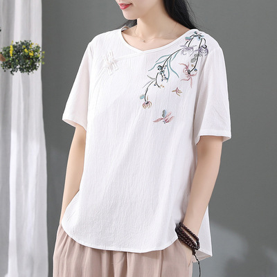 文学レトロな綿とリネンの Tシャツ女性のためのルーズ中国禅茶服ボタンショートトップ夏の中国風の女性の服|undefined