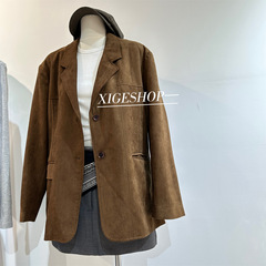 复古深棕咖麂皮绒西装外套女2025秋季新款显瘦宽松高级感西服上衣
