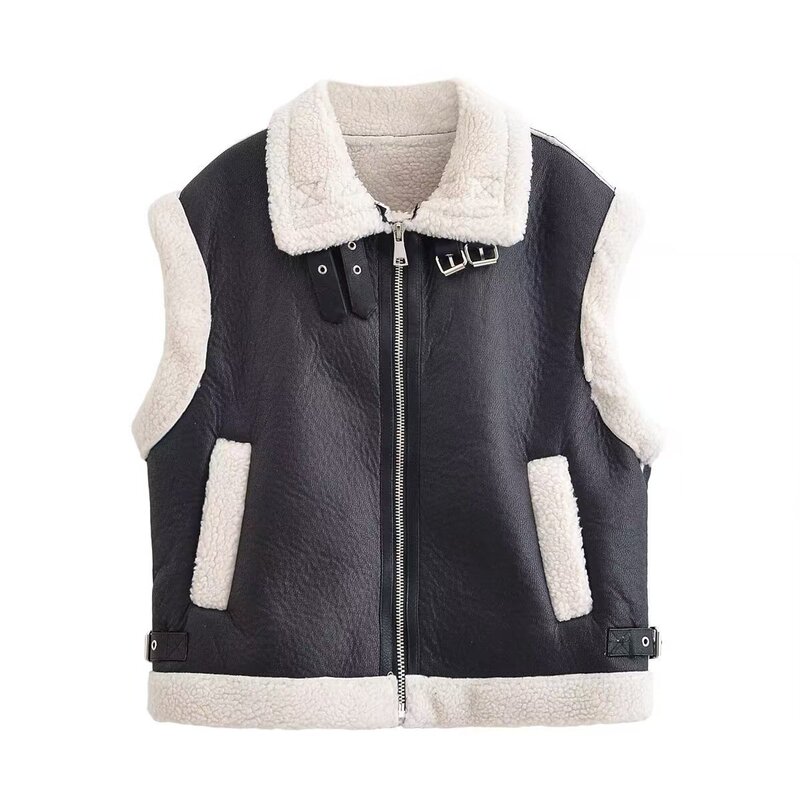 Cross-Border European and American Clothing Aliexpress Autumn and Winter Fur One-Piece Jacket Stand Collar Sleeveless Lamb Wool Vest Jacket