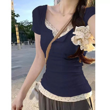 假两件花边短袖t恤女2025夏季设计感修身显瘦甜辣妹短款修身上衣