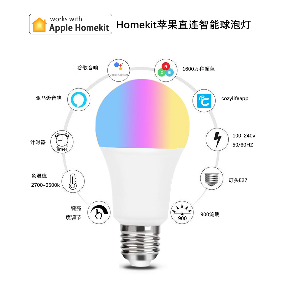 Bombilla WiFi inteligente Bola de voz de control remoto Apple Homekit conexión directa RGBCWAPP oscurecimiento de Color de mezcla E27