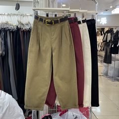 棉布秋季新品哈伦阔腿女酒红时尚百搭显瘦工装裤子春秋休闲裤子女