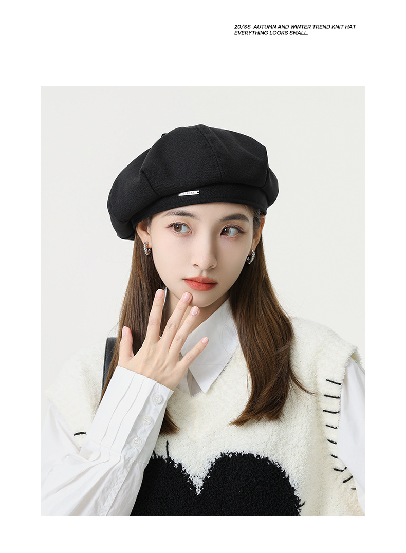 Nouveau béret en métal de laine d'automne et d'hiver avec un logo, chapeau octogonal pour enfants, grosse tête, petit visage, chapeau de peintre à la mode et artistique_voghion.com