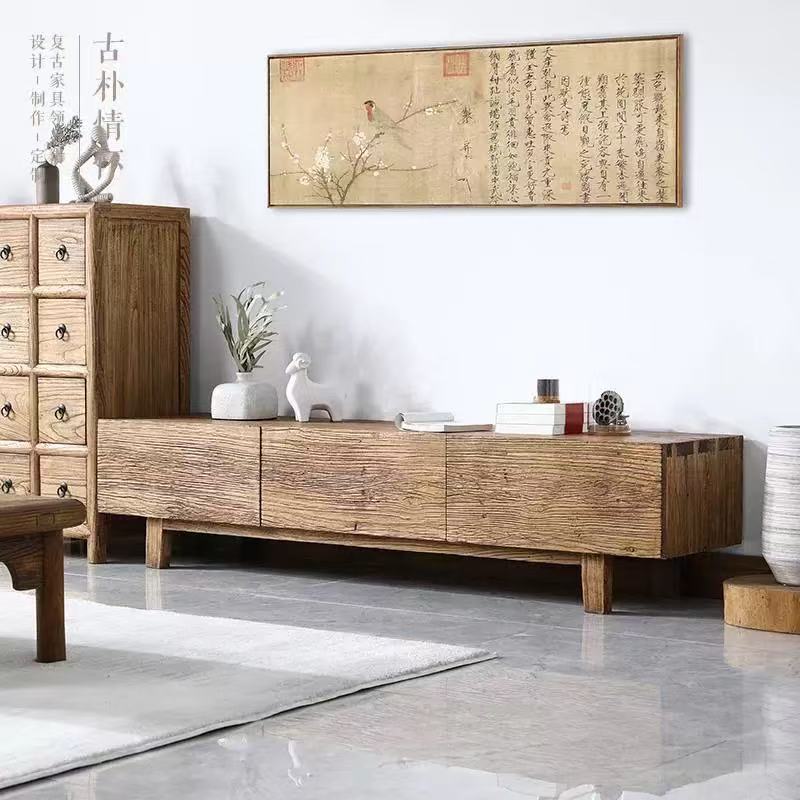 Chinese Old Elm Tv Cabinet Solid Wood Living Room Video Cabinet with Drawer Storage Cabinet Rectangular Cupboard Floor-Standing Low Cabinet