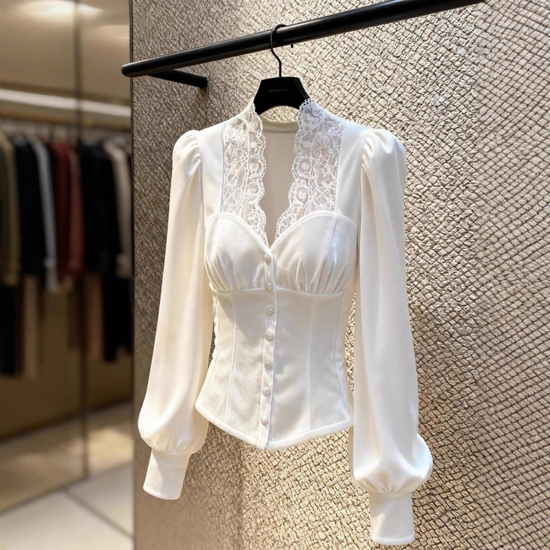 High-End Petite Blouse with a Stunning and Sophisticated Look, Featuring a Waist-Cinching Lace Splicing Design and White Velvet Shirt for Winter High-End Petite Blouse with a Stunning and Sophisticated Look, Featuring a Waist-Cinching Lace Splicing Design and White Velvet Shirt for Winter