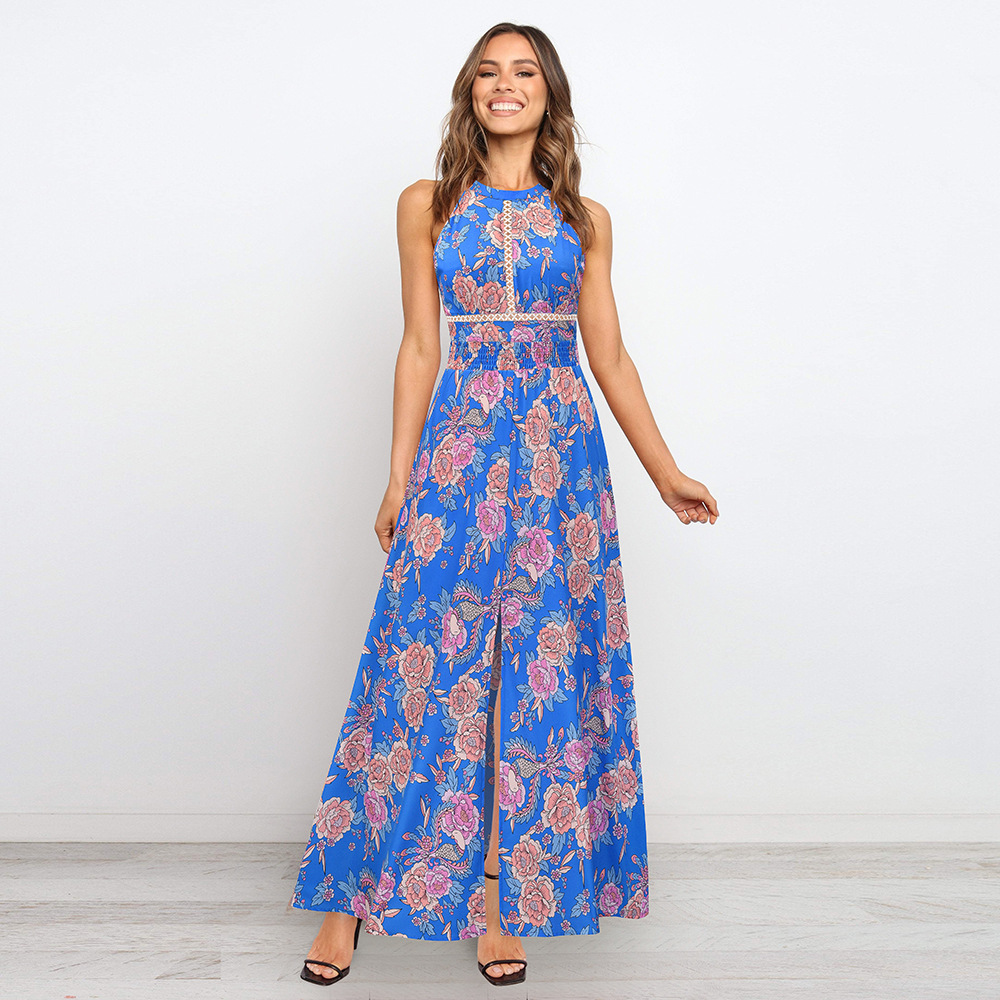 sexy sleeveless round neck slit floral dress  NSHYG118519