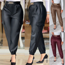 YWYM0002亚马逊欧美女装黑色腰部金属腰带休闲工装束脚皮裤