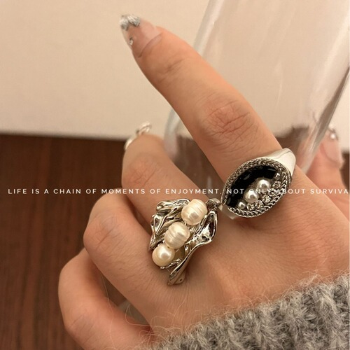 Ancient Chinese Dragon and Tiger Eye Stone Ring, Instagram Cold Wind, High-Grade Freshwater Pearl and Sparkling Diamond Eye Stack Ring