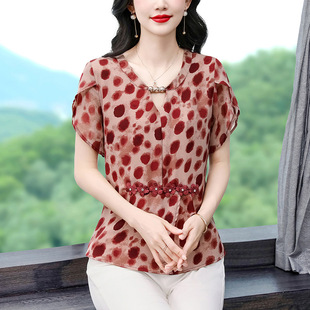 Mom's Summer Elegant Chiffon Shirt 2025 New Middle-Aged and Elderly Women's Summer Fashion Short-Sleeved Shirt Belly-Covering Top