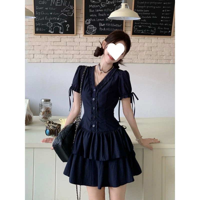 Французское платье в стиле Хепберн, милое кружевное платье трапециевидной формы с v-образным вырезом на талии и правым плечом, темно-синяя юбка-тортик, миниатюрная короткая юбка