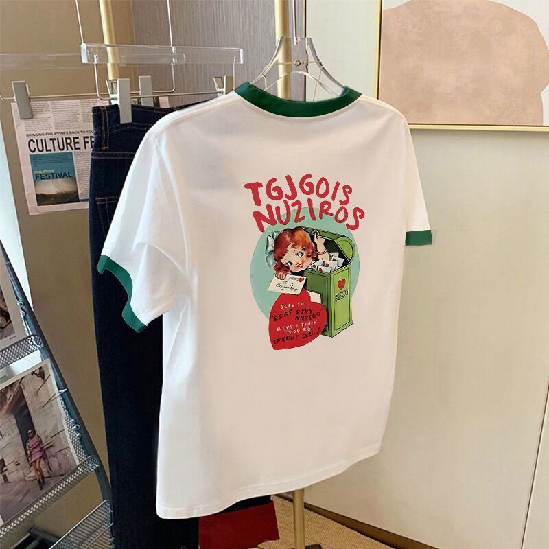2026 Summer New Style Pure Cotton Loose American Retro Green Collar Color-Block Regular Shoulder Short-Sleeve T-Shirt for Women with Cartoon Print Top