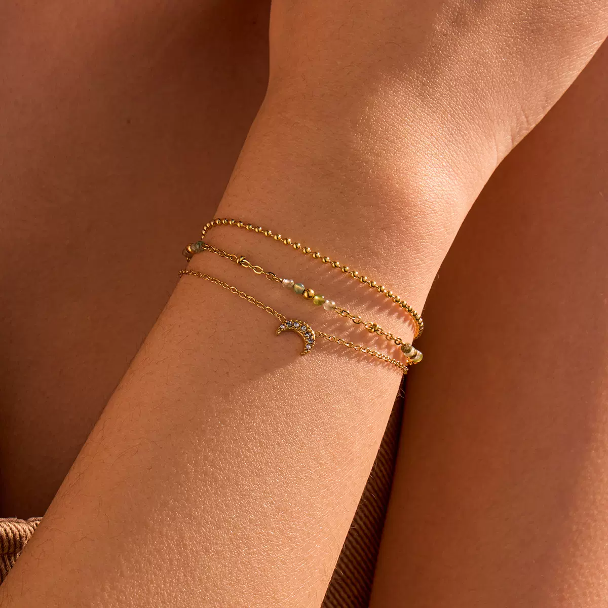 跨境小众高级感不锈钢手链多层叠戴月亮锆石女士钛钢欧美首饰批发