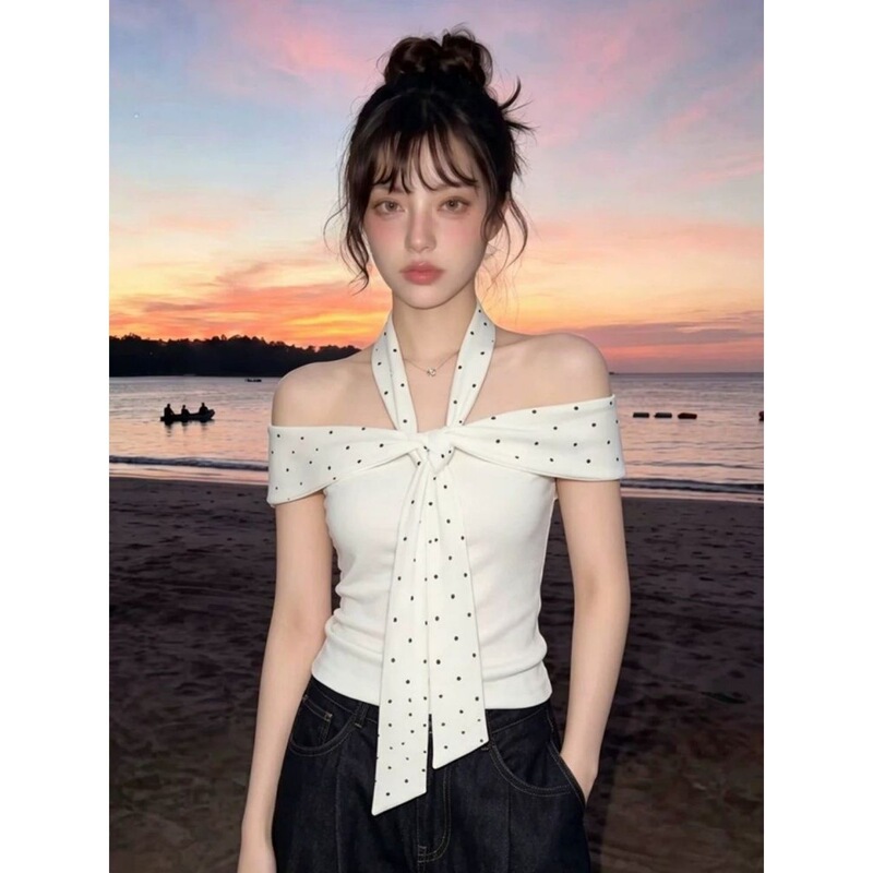Pure cotton ribbed 210gsm 1*1+ full stitch polka dot halter neck off-shoulder women's t-shirt Pure cotton ribbed 210gsm 1*1+ full stitch polka dot halter neck off-shoulder women's t-shirt