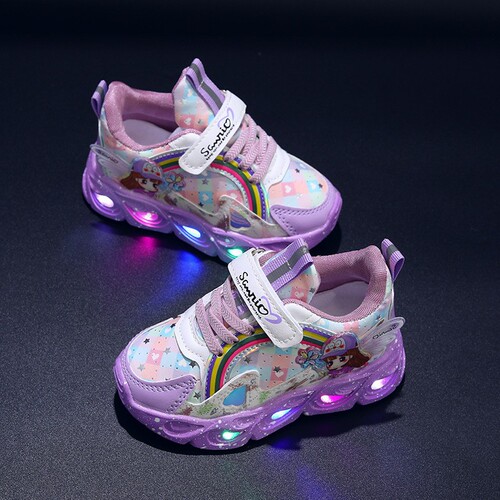 Girls 'shoes with lights Spring and Autumn mesh casual and comfortable children's sneakers, middle children's cartoon glowing children