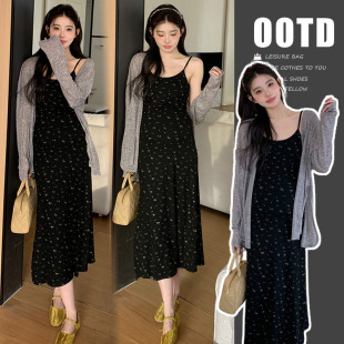 Pregnant women's spring clothing fashion suit dress vintage floral suspender skirt lazy style sunscreen cardigan vacation two-piece set