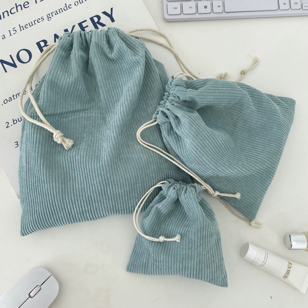 Corduroy Cosmetic Drawstring Bag Set, Handheld 3-Piece Kit — Small/Medium/Large