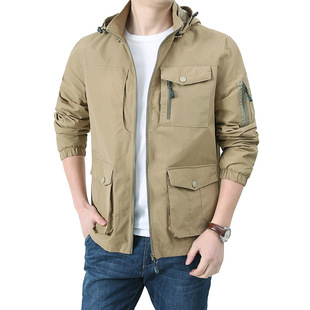 Spring and Autumn New jacket men's loose plus size multi-pocket jacket hooded outdoor workwear jacket top