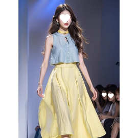 2025夏季新款时尚搭配田园风设计衬衫背心无袖上衣半身裙两件套装