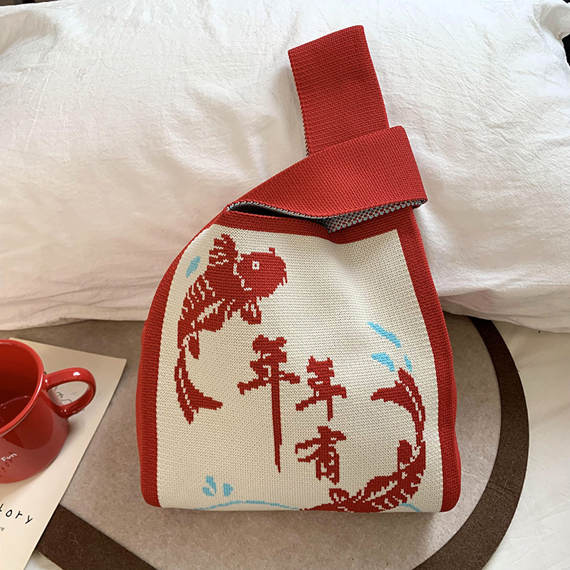Bolso de hombro de punto Año nuevo Año de la serpiente Gran suerte Bolso festivo rojo Bolso de regalo Bolso Tote de cercanías Bolso de muñeca