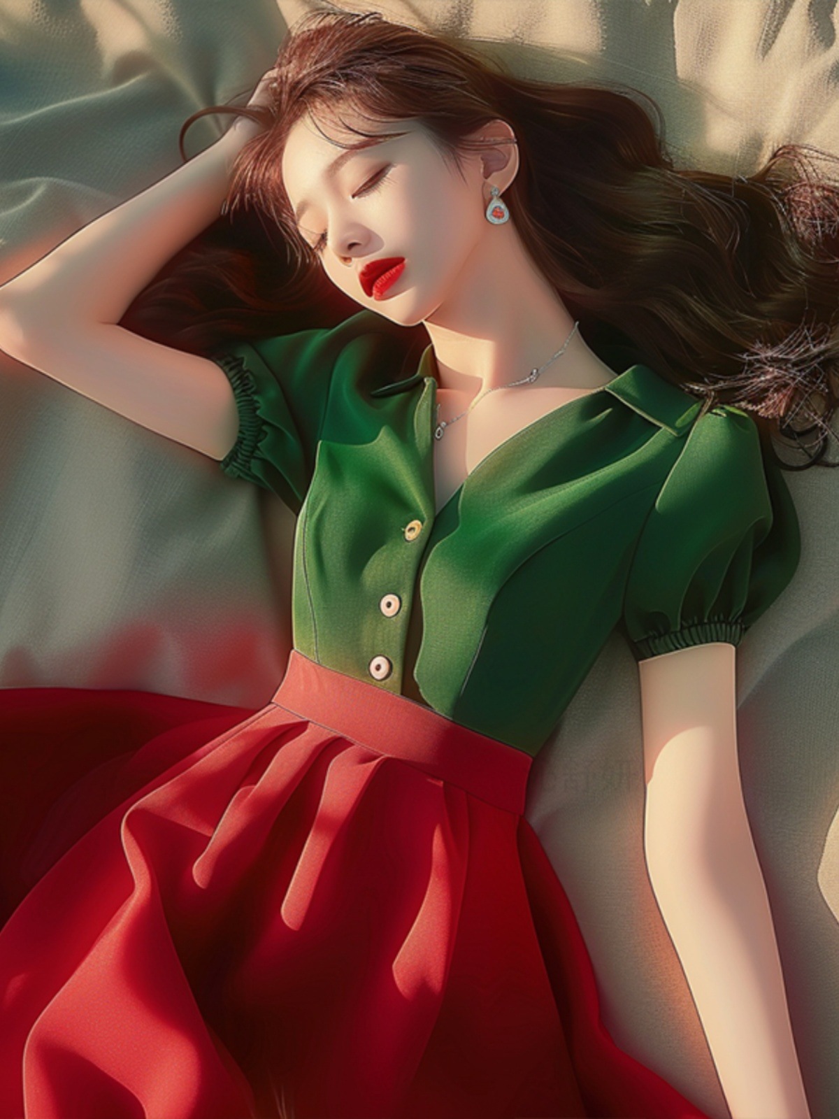 Váy maxi nữ hai màu tương phản giả hai lớp dáng dài, phù hợp người nhỏ nhắn mùa hè — Màu xanh lục đỏ chi tiết 6