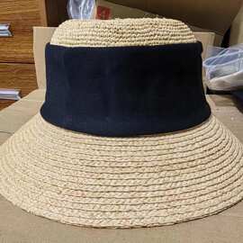 春夏新款拉菲草布拼大檐草帽平顶帽女春夏遮阳防晒帽沙滩度假休闲
