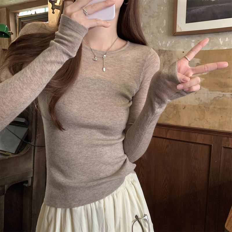 别致纯欲长袖针织打底衫女2025年秋季高级感圆领内搭修身毛衣上衣|undefined