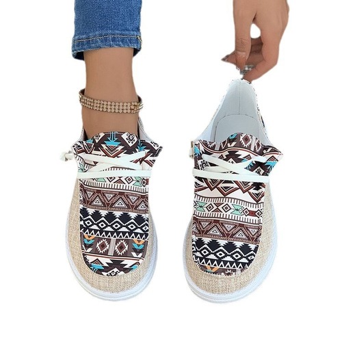 Women's Spring Laced Canvas Loafers Flat Casual Shoes for Plus Size European and American Women, Ladies' Canvas Slip-On Shoes