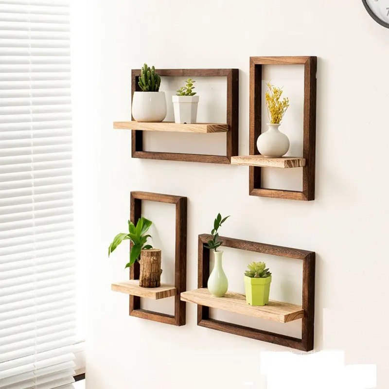 Solid Wood Wall-Mounted Storage Rack, Creative Wall Decoration Rack, Bedroom and Living Room Storage Rack, Wooden Photo Frame Decoration Rack