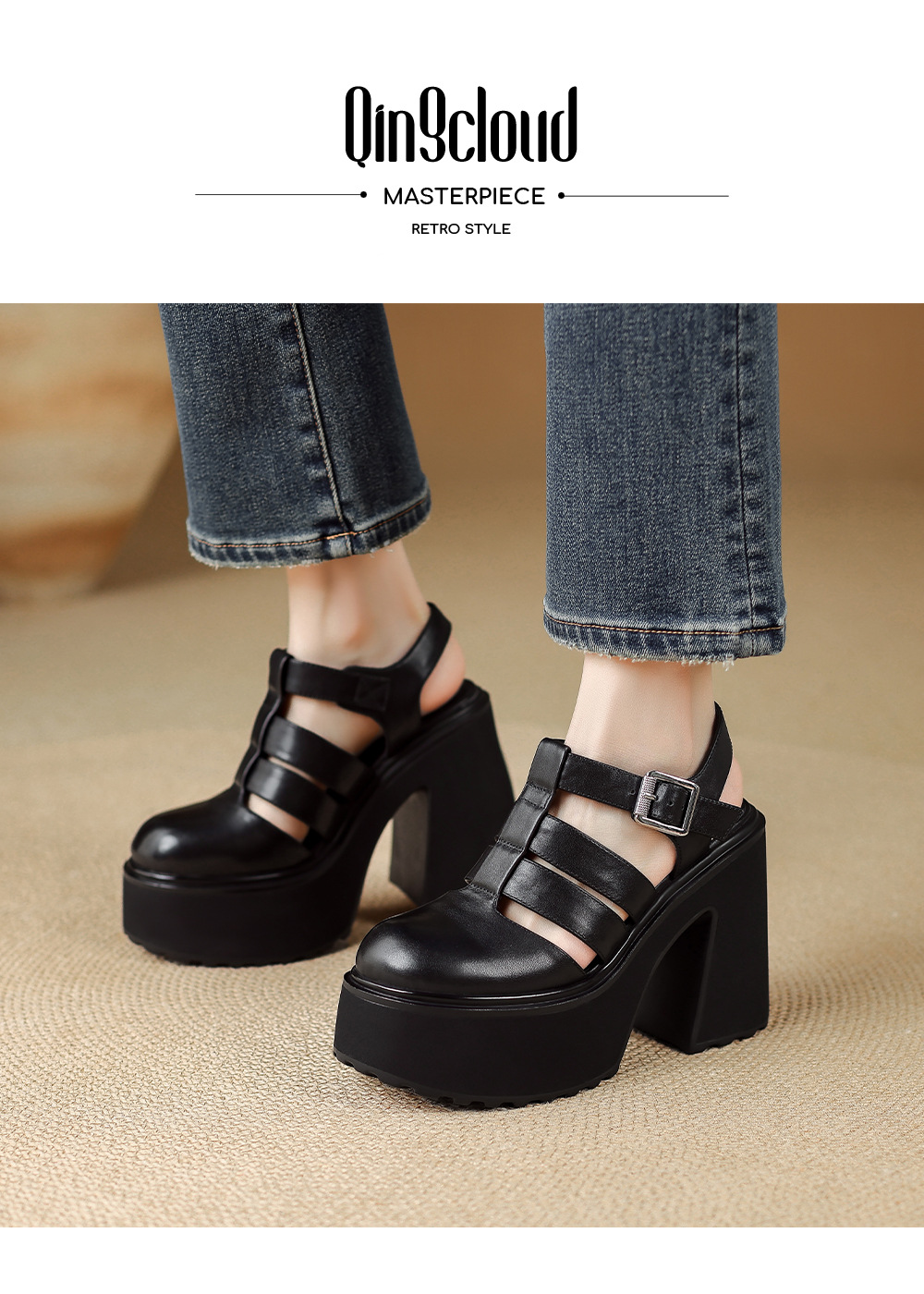 Sandal cao gót nữ mũi kín quai T đế xuồng phong cách La Mã — Da cừu lông đen, Da bò đen chi tiết 1