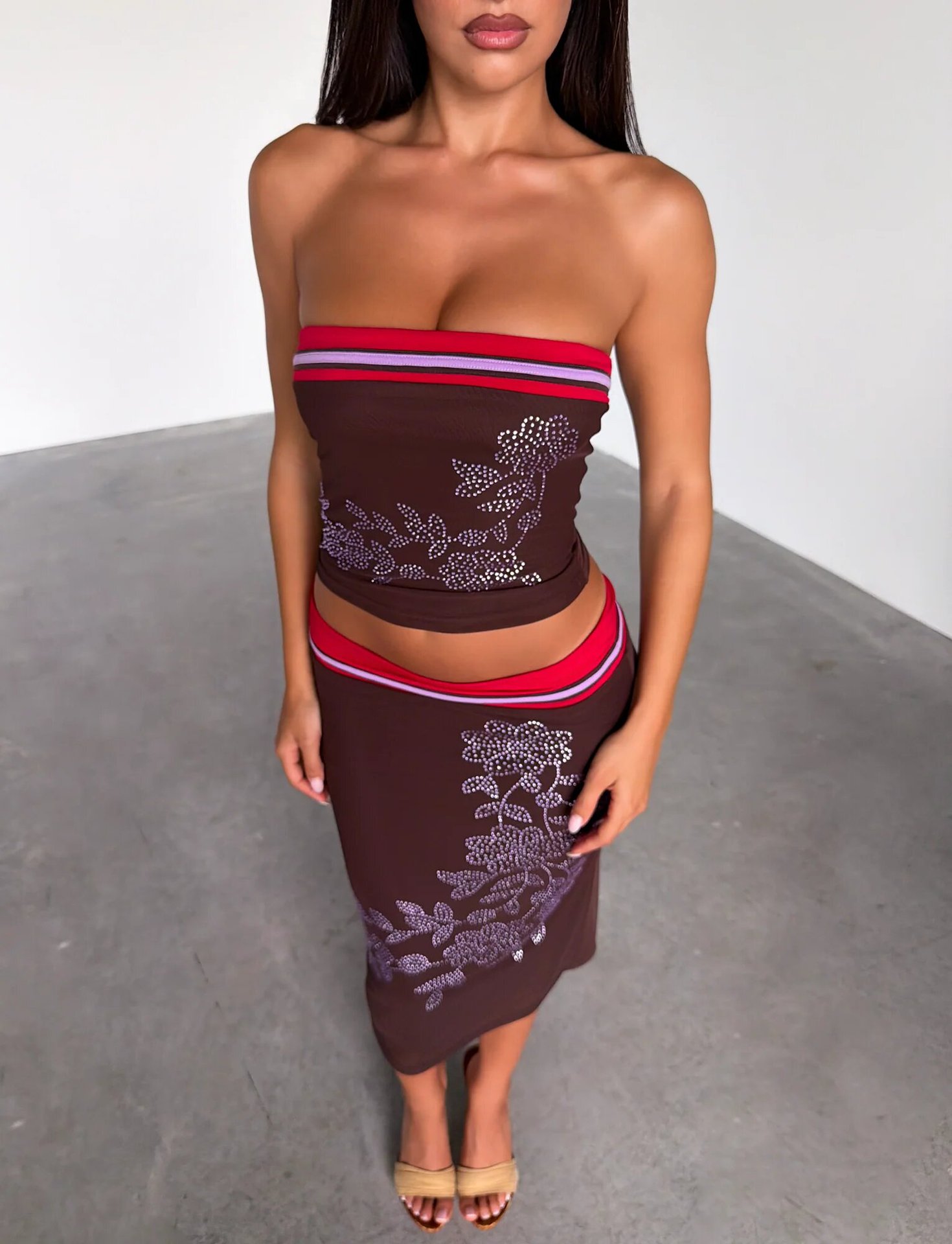 Strapless Crop Top And Color-Block Skirt Set Rhinestone Mesh Bodycon Dress For Trendy Hot Girls Women's Clothing Set_ecoleips.com