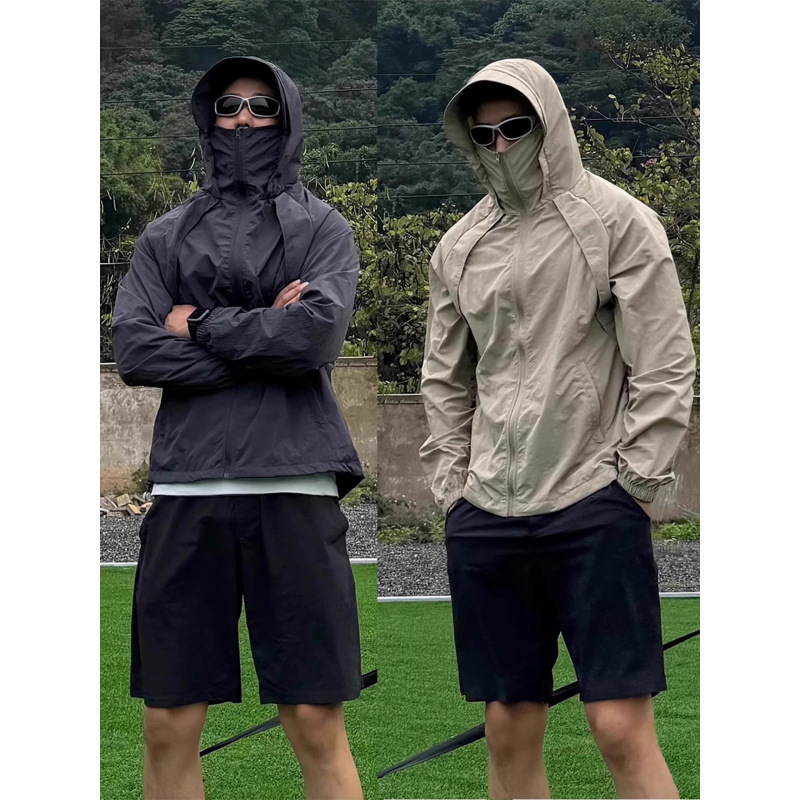 American-Style Deconstructed Black Sun Protection Clothing for Men in Autumn, Mesh Breathable Hooded Sun Protection Clothing, Outdoor Mountaineering and Fishing Jacket