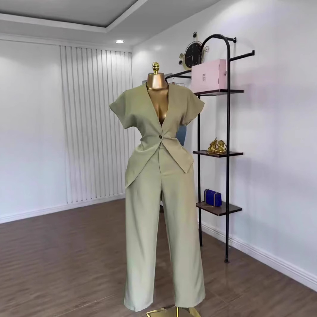 Summer Women's Solid Color Suit Short Sleeve Single Button Top Straight Leg Pants Set American Style Polyester_voghion.com