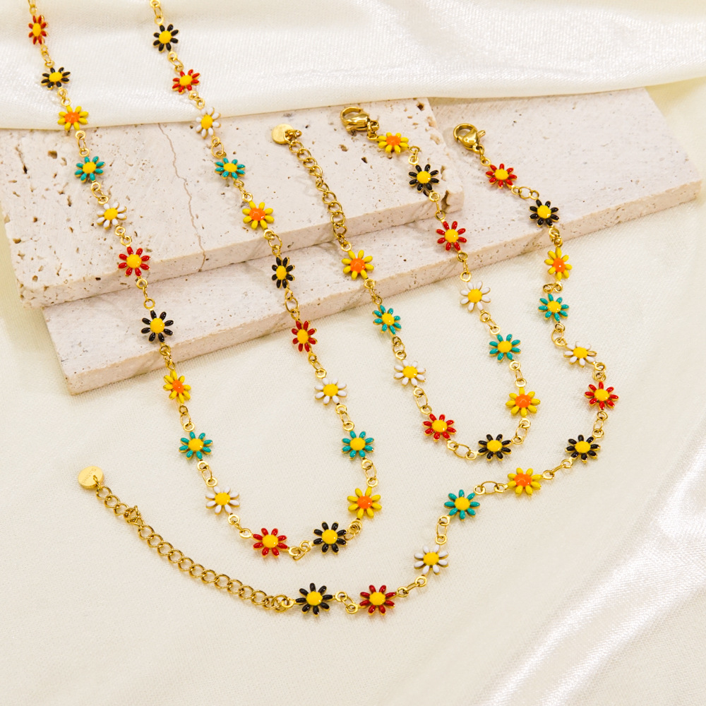 7g Weight PVD Coated Gold Plating Process PVD Coated 14K Gold Real Gold Plated Flower 304 Stainless Steel Sweet Waterproof Non Tarnish Bracelets Anklet Necklace
