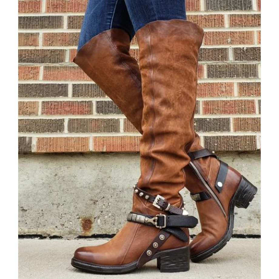 Women's Shoes new belt buckle long boots women's boots thick heel medium heel large size 40 43_voghion.com