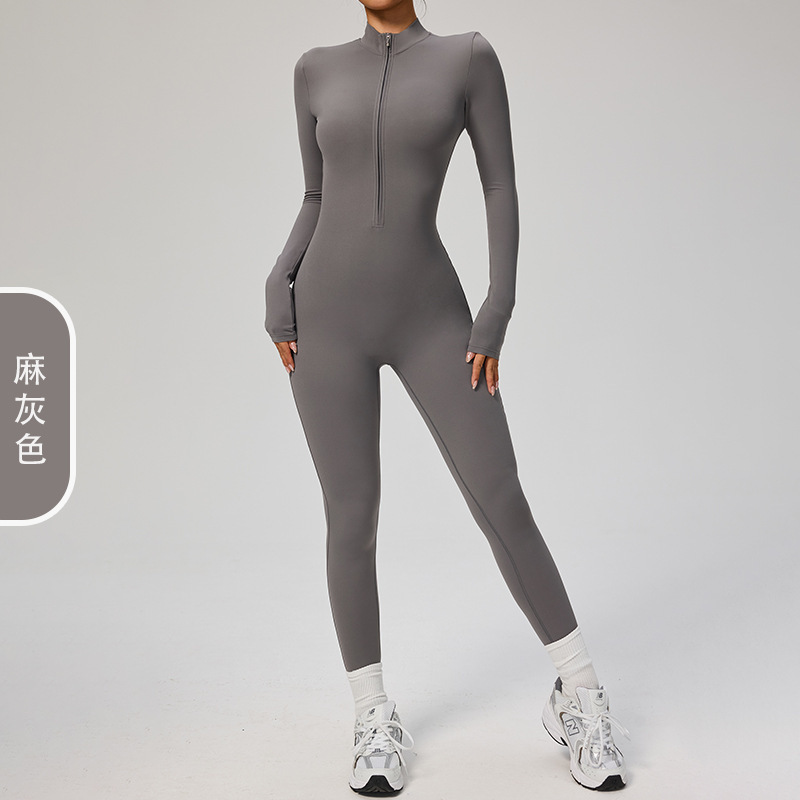 添亿欧美拉链裸感长袖瑜伽连体服高强度健身运动连体紧身衣8306|undefined